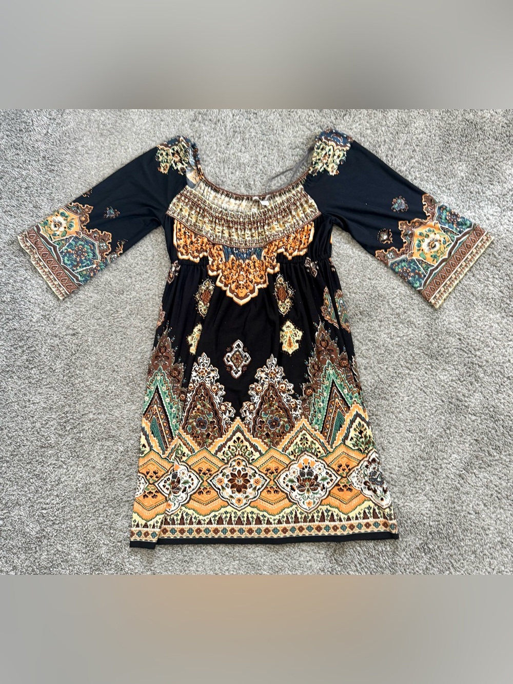 Muse by Boston Proper Boho Black Long-Sleeve Boho Print Dress (Size 6)